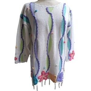 Vintage Debra Lubell 90s Women M Art Knit Sweater Cottagecore Crotchet Retro Y2K
